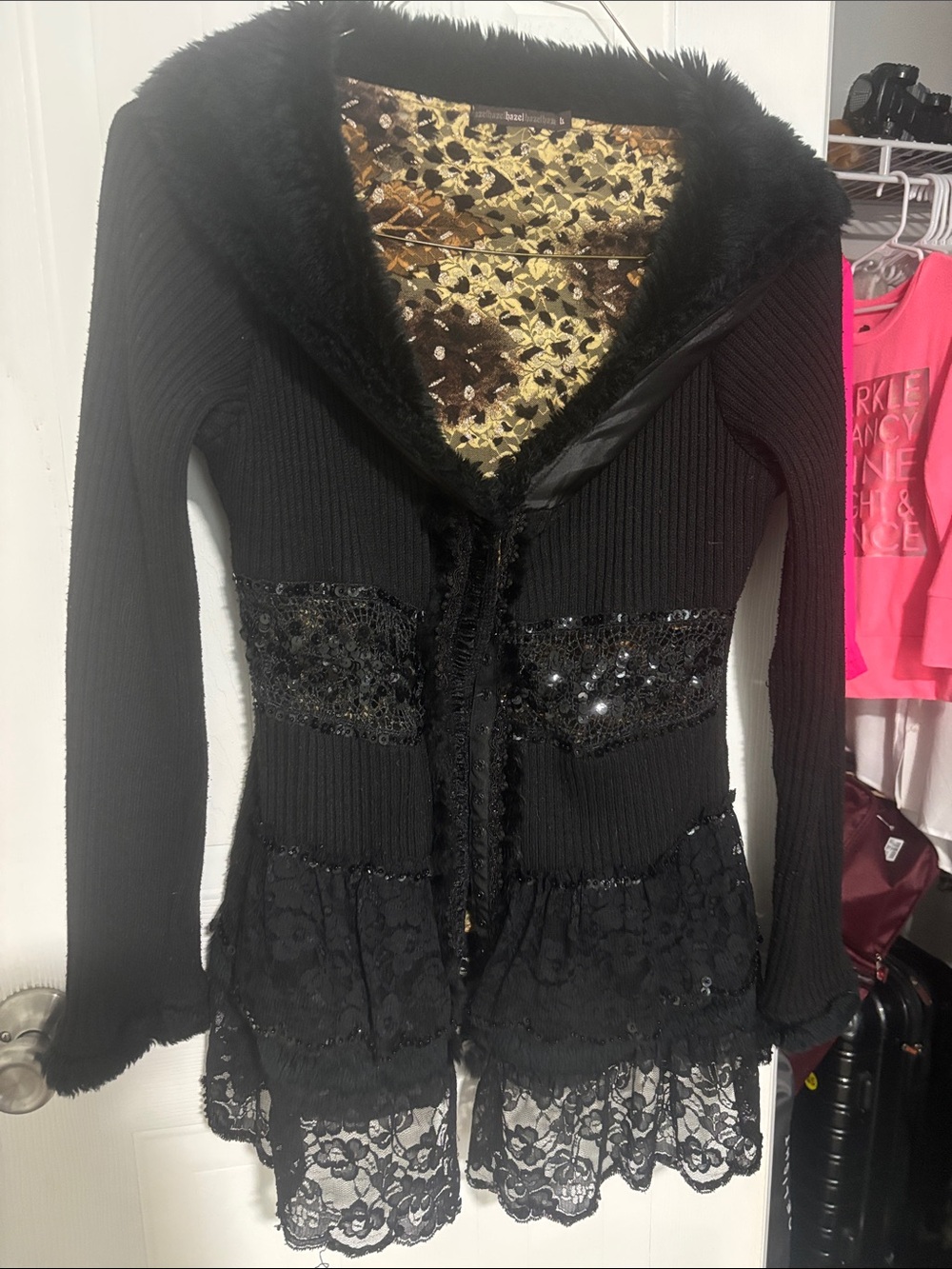 Hazel Black Lace-Trimmed Faux-Fur Women's Sweater Cardigan szL